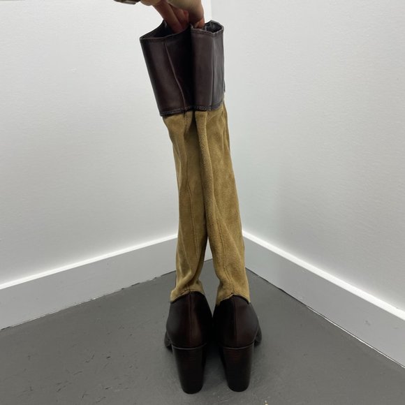 Jonak Brown Tan Leather & Suede Block Heel knee High Riding Boots Size 39 US 9 - Picture 2 of 12